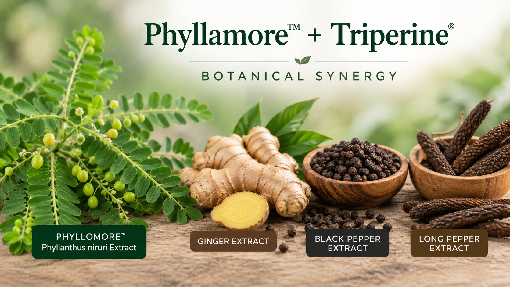 Show Phyllanthus niruri alongside ginger root, black peppercorns, and long pepper